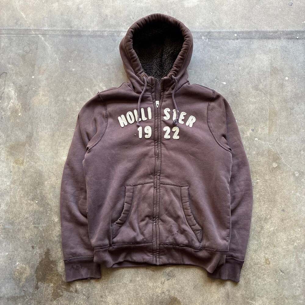 Y2K Hollister Zip Hoodie Size L Brown Sherpa Lined Vintage